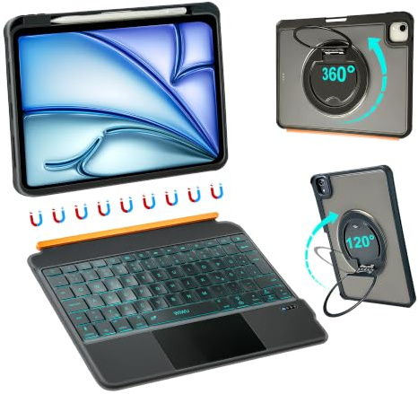 WIWU iPad Keyboard Case Air 11 Inch M4/M3/M2 A16 10th Gen 360°Stand Magnetic Detachable Case with Keyboard Backlit Trackpad with Pencil Holder Black (For iPad 11/10/Air 5/4/11(M2/M3) Pro 114/3/2/1)