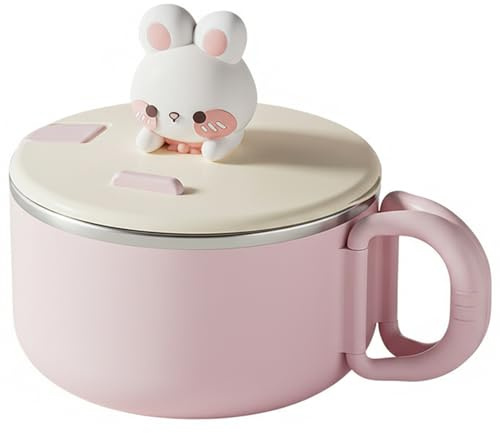 Ramen Bowl with Lid 1200ml/42oz Large Rabbit Cute Ramen Bowl with Handle & Phone Holder Stainless Steel Liner for Soup and Noodles, Salad Bowls