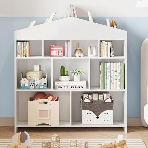 Crevyteg Kinder Bücherregal Kinderregal mit 9 Offenen Fächern, Aufbewahrungsregal Spielzeugregal mit Ablagen, Montessori-Regal für Kinderzimmer, Spielzimmer, 104x30x100cm, Weiß