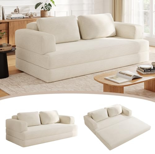 Wumagin Schlafsofa Cord 160 cm, Cordsofa Faltbares mit Kissen, 2 Sitzer Modulares Bodensofa, 4-in-1 Compressed Sofa für Wohnzimmer und Schlafzimmer (Beige)