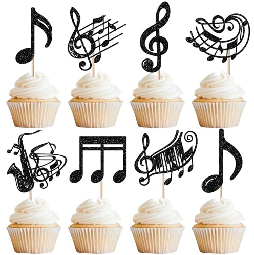 24 Stück Musik Noten Tortendeko Glitzer Saxophon Vinylplatte Kuchen Deko Retro Rock and Roll Musik Thema Cupcake Toppers für Hochzeit Geburtstag Party Kuchen Dekorationen Schwarz