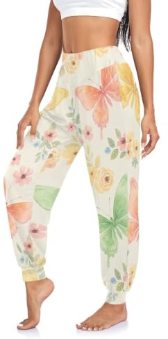RPLIFE Vattenfärg fjärilar dam harembyxor boho semester yogabyxor lounge träning träningsbyxor sommarbyxor, Akvarell fjärilar, XL