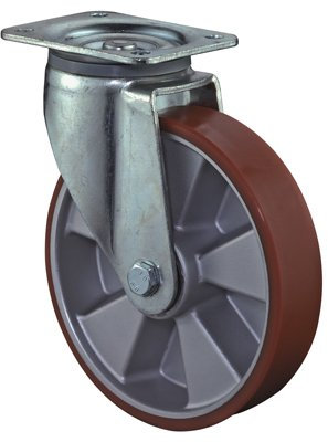 BSRollen Transportgeräte-Lenkrolle, Polyurethan 95+/-3, Durchm. 100 mm, Traglast 125 kg, Kugellager, Anschrau bplatte