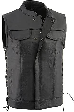 Milwaukee Leather LKM3712 Men's Black Leather Club Style Motorcycle Rider Vest w/Front Snap/Zipper and Side Lace - X-Large