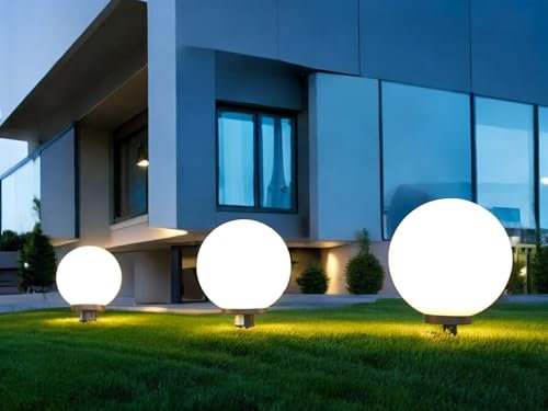 Dapo 3X Außen-Garten-Kugel-Leuchte MARLON D:20+30+40cm Kunststoff-Kugel weiß mit Erdspieß, strombetrieben E27x1, IP44 Dekorations-Wege-Lampe