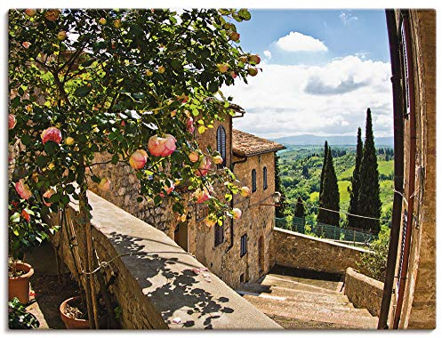 ARTLAND Wanddeko Leinwand Bilder Wandbild 80x60 cm Fensterblick Toskana Landschaft Garten Rosen Balkon Natur T4QS