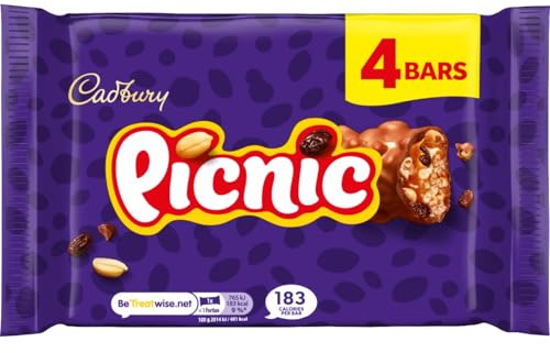 Cadbury Picnic Chocolate Bar, Milk Chocolate With Caramel, Peanuts, Crispy Cereal & Dried Grapes Centre, Multipack of 4 x 38 g Bars (Pack of 1)