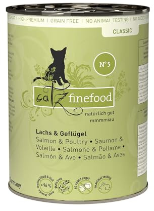 catz finefood N° 5 lax & fjäderfä fin mat kattmat våt, raffinerad med spenat och tomat, 6 x 400 g burkar