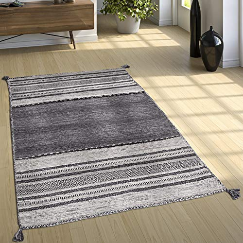 Paco Home Designer Teppich Webteppich Kelim Handgewebt 100% Baumwolle Modern Gemustert Grau, Grösse:160x220 cm