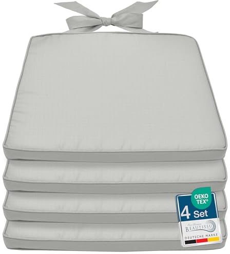Beautissu 4er Set Stuhlkissen Outdoor Sitzkissen für Rattanstühle Garten | 40x45cm Hellgrau trapezförmig Gartenstuhlkissen Sitzpolster Stuhlauflage gartenkissen Pia