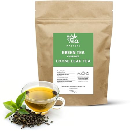 The Tea Masters Loose Leaf Tea - 250g Premium Chun Mee Chinese Green Leaves - 100% Richly Flavoured, Perfect as Breakfast Drink or Every Teatime