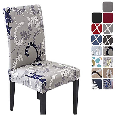 HZDHCLH Stuhlhussen 6 Stück Elastische Moderne Universal Stretch Beschützer Stuhlhussen für Stuhl Esszimmer Hochzeit Partys Bankett Deko, Graues Blattmuster | Beschützer Stuhlhussen für Stuhl Esszimmer Hochzeit Partys Bankett Deko, Graues Blattmuster