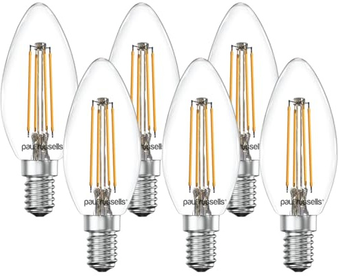 Paul russells LED Filament Candle Light SES Small Edison Screw E14, 40w Equivalent Replacement 4.5W 470LM LED C35 Bulbs, 2700K Warm White, Energy Saving Non–Dimmable Chandelier Lamps, Pack of 6