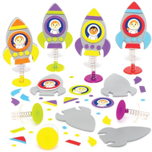 Baker Ross AX181 Weltraumraketen-Springspielzeuge, 8 Stück, kleines Knallspielzeug mit lustigen Raumfahrer-Figuren zum Basteln, Schaumstoff-Aufkleber, Kunstspielzeug