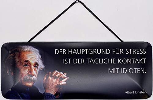 Blechschild mit Kordel 27 x 10 cm Albert Einstein: Der Hauptgrund für Stress ist der tägliche Kontakt mit Idioten. - Blechemma