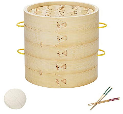 KELUNIS 100% Natural Bamboo Steamer Basket, 2 Tier 8 Inch Dumpling Steamer with Lid & Anti-Scalding Handle, Perfect for Steaming Dim Sum Buns Vegetables Fish Rice