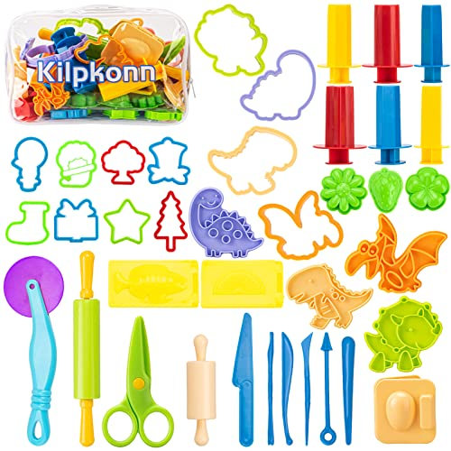 Dough Set, 42 pièces Accessoires de pâte à Modeler, moules, Forme, Ciseaux, Rouleau à pâtisserie avec Sac de Rangement, Ensemble de pâte à Modeler Party Pack pour Enfants garçons Filles