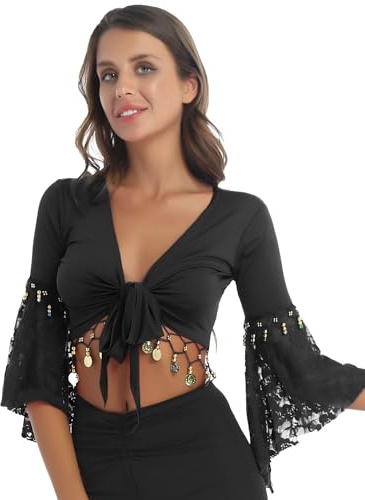 Damen Ballet Wickeloberteile Langarm Crop Shirts Bauchtanz Kostüm Bauchfrei Oberteil Crop Top Mit Pailletten Quasten Tanz Kostüm Party Outfits