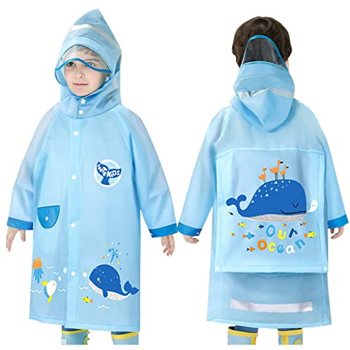 Kids Raincoat Toddler Rain Poncho Waterproof Rain Jacket Hooded Boys Girls Rain Coat Reusable Rainwear with Backpack Cover 3-8 Years