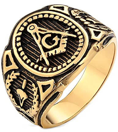 Dsnyu Herrenring, 10mm Freundschaftsringe Freimaurer G Freimaurer Siegel, Edelstahl Gold Ringe für Hochzeit, Größe 60 (19.1)