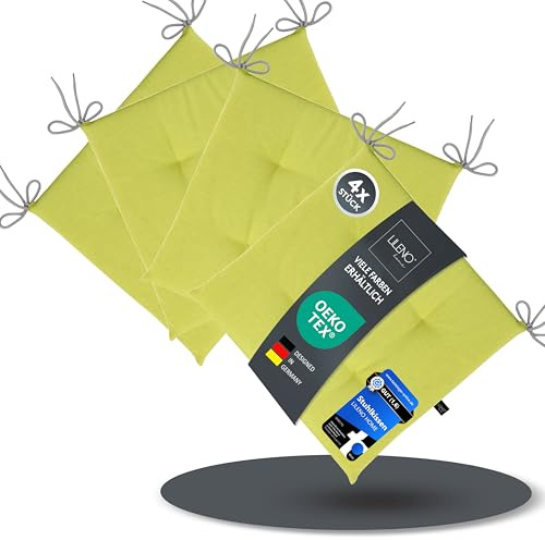 LILENO HOME 4er Set Stuhlkissen Lindgrün (40x40x4,5 cm) - Sitzkissen für Gartenstuhl, Küche oder Esszimmerstuhl - UV-beständige Indoor u. Outdoor Stuhlauflage als Stuhl Kissen (Laura FUM)