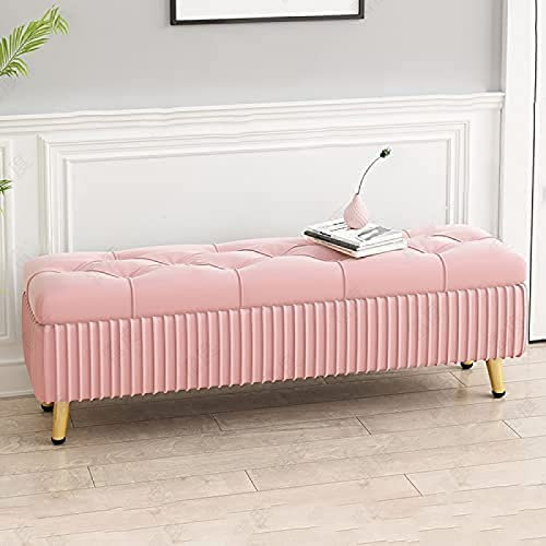 CJGKDJS Ene Of Letto Panca Con Contenitore, Pouf Imbottito In Velluto, Pouf Rettangolare Con Bottone Trapuntato, Rosa, 60X40X45Cm(24X16X18Inch)