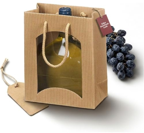 KK Verpackungen Tragetasche Bocksbeutel 170x85x200mm | 20 Stück, Offene Welle mit Folienfenster | Für 1 Flasche | Naturbraun recyclebar ökologisch