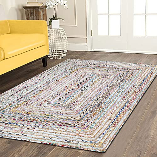 CASAVANI Handgeflochtener Jute-Teppich, indisch, handgefertigt, gewebter Teppich, Küche, Wohnzimmer, Bodenteppich, Outdoor, Jute und Chindi, Baumwolle, Teppich 180 x 270 cm (6 x 9 Fuß)