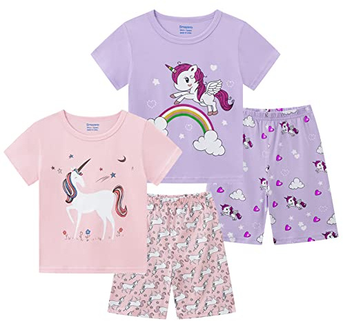 Little Girls Unicorn Pyjamas Sets Cotton Short Sleeved Summer Pjs for Kids Pajamas 3-8 Years Sleepwear - 4-Piece