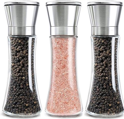 Juego de 3 Molinillos de Sal y Pimienta, Cierre de Acero Inoxidable y Molino de Cerámica con Grosor Ajustable Pimentero o Especiero, Molinos Manuales, 200ML