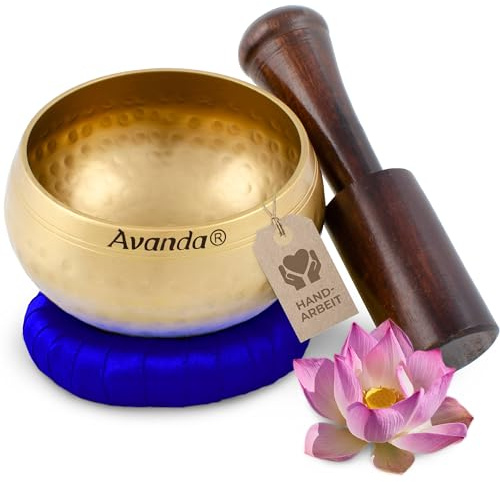 Tibetisches Klangschale-Set für Yoga, Meditation und Entspannung - Gehämmerte tibetische Klangschale Ø 8 cm, Mangoholz-Schlägel und Ring-Kissen Blau