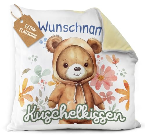 Print Royal PR Flauschiges Kuschel-Kissen für Kinder mit Füllung mit Name selbst gestalten - Bär Kissen für Mädchen und Jungs, Kinderkissen mit Name | 40 x 40 cm, Rückseite Gelb Flauschig