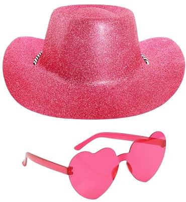 Glitzer Cowboyhut & Brille Zubehör Set 6 Stück Rosa Glitzer Cowboyhut und Rosa Herzförmige Brille Erwachsene Musik Konzert Kostüm Zubehör