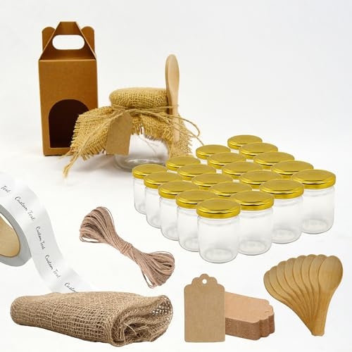 Espirito Rebelde Lot de 20 pots en verre de 100 ml avec boîtes assorties, tissu, ficelle de jute, étiquettes kraft, cuillères et rótulos personnalisés inclus - Pour confitures, conserves, miel