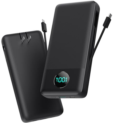 Portable Charger 33800mAh USB C Power Bank with Built-in Cables & AC Wall Plug,25W Fast Charging+QC 4.0 Phone Charger,4 Output Travel Essentials Battery Pack for iPhone16/15/14/13,Samsung,Android etc