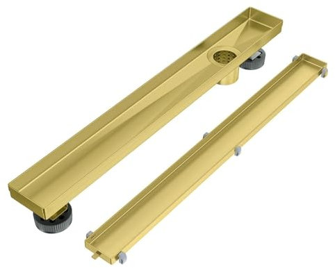 EXF Offset-Duschablauf, Bodenablauf mit Abstreifgitter, linear, 45,7 cm, gebürstetes Gold, mit wendbarer Fliese, Edelstahl, rechteckig, Duschablauf mit Haarfänger, verstellbare Füße