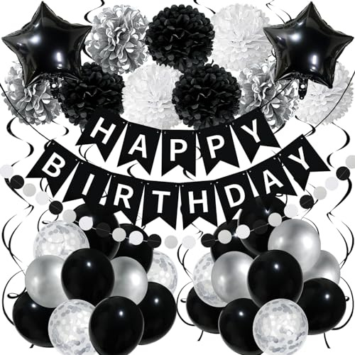 Recosis Schwarz Weiß Geburtstagsdeko, Happy Birthday Banner mit Pompoms Papier Girlande Wimpel Spiral und Luftballon Kindergeburtstag für Mädchen Junge Mann Frauen Geburtstags Dekorationen