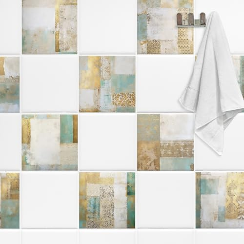 GRAZDesign Fliesenaufkleber Bad & Küche Textur Gold Türkis Klebefliesen selbstklebend - 20x25cm / 10 Stück