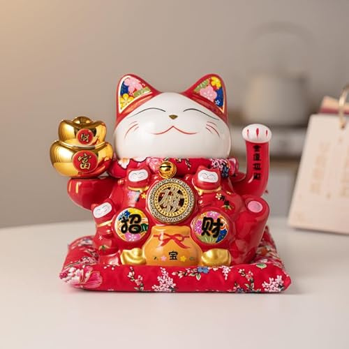 Mkuha Maneki Neko Winkekatze Glückskatze Glücksbringer Winkende Katze aus Porzellan, Keramisch Statuette Mit Manuellem Drehrad für Zuhause Büro und Laden Dekoration 21X15X20CM,Rot,2