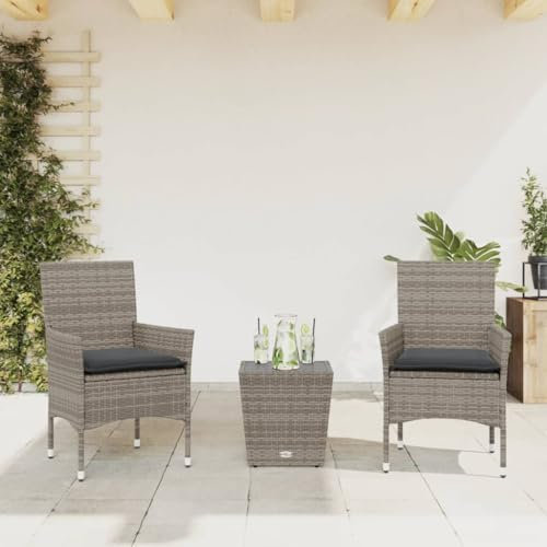 CIADAZ 3-tlg. Bistro-Set mit Kissen Grau Poly Rattan und Glas, Gartenset Tisch Und Stühle, Balkon Möbel Für Kleinen Balkon, Terrassenmöbel, Balkonset, Balkonmöbel - 3278742