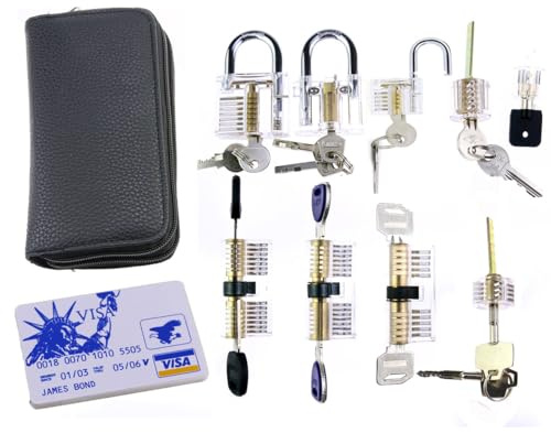 QiDAi 24-teiliges Titan-Dietrich-Set mit transparentem Schloss, Schlosser und Anfänger-Trainingsset, klassisches Lockpick-Set für Herren (mit 9-teiligem Schloss)