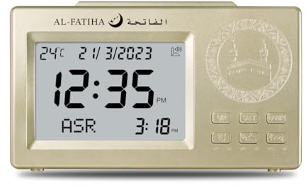 Al salama Muslimischer Gebetswecker Digital LCD Automatisch Islamische Tischuhr Multifunktions Azan Uhr Zeit Erinnerung (Gold)