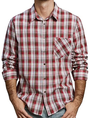 JOGAL Chemise à carreaux pour homme - Manches longues - Coupe droite - En coton - Avec poche