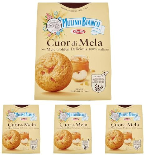 Mulino Bianco Biscotti Cuor di Mela con Mele 100% Italiane, Senza Olio di Palma, Colazione Ricca di Gusto, 300 g (Confezione da 4)