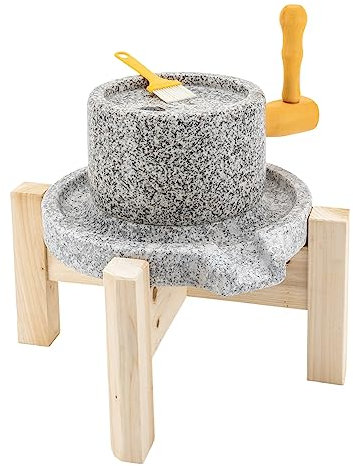 Hand Grain Mill Stone,Stone Grain Mill Paste Mill, Hand-milled Stone Mill, Hand Dry/Wet Grain Mill, Handmade Mill with Wooden Frame for Grain Bean Barley Spice
