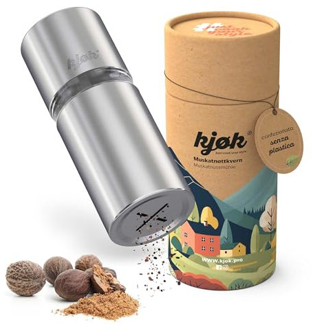 kjøk Premium Molinillo de nuez moscada con depósito de almacenamiento, acero inoxidable cepillado, mecanismo de acero afilado para un polvo fino molinillo de especias para habas tonka