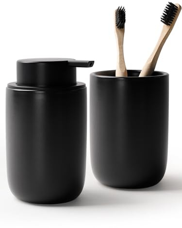 BosilunLife Seifenspender Keramik, 350ml Spülmittelspender Nachfüllbar, mit Zahnbürstenhalter, Großer Pumpenkopf für Leichtes Pressen, für Küche, Bad, Arbeitsplatte (Schwarz, Flüssigseifenspender)