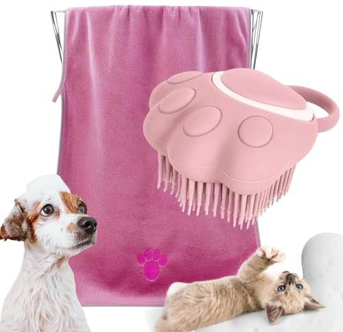 Kit de Aseo para Mascotas 2 en 1 – Toalla Suave y Absorbente + Cepillo de Silicona con Depósito Champú