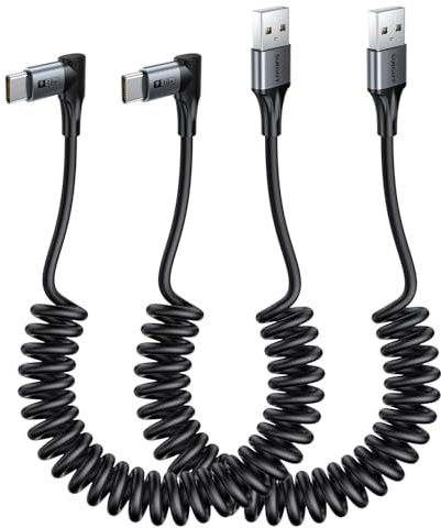 SUNGUY Cavo USB C a Spirale ad Angolo Retto 1.2M [Lunghezza Comoda: 0.3-0.8M], 2Pezzi da 90 Gradi da USB-A a USB-C per Android Auto & Carplay, Tipo C per iPhone 17 16 15 Pro Max, Galaxy S25 S24 Ultra