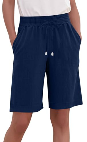 Cotton Linen Shorts Women UK, Ladies Shorts with Pockets Plain Pull On Elasticated Waist Short Pants Casual Straight Leg Loose Summer Trousers Drawstring Pants Plus Size 22